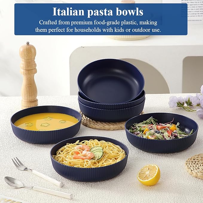HOMQUEN Pasta Bowls Set of 6, 37oz Salad Bowls Blue Soup Bowls, Large Pasta Serving Bowls, Unbreakable Plastic Dinner Bowls, Dinnerware Sets,Valentines Day Gift, Dishwasher Safe (Blue)