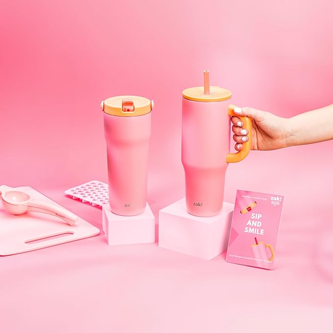Zak Designs Sutton Travel Tumbler for On the Go, 40oz Stainless Steel with Vacuum Insulation, Silicone Straw, and Carry Handle for Cold Drinks (So Sweet Pink)