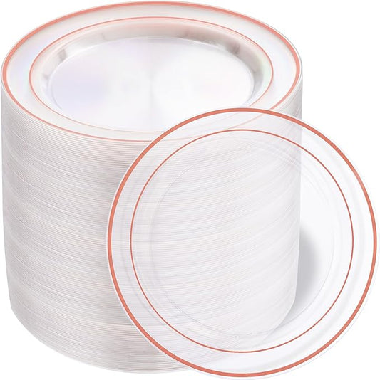 bUCLA 100PCS Clear Rose Gold Plastic Plates Disposable - Heavy Duty 6.25 Inch Clear Plastic Dessert Plates with Rose Gold Trim - Ideal for Party, Wedding & Mother's Day