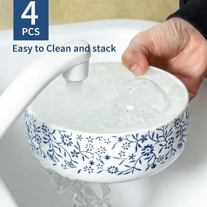 Cereal Bowls Set of 4, Large Soup Bowls 22oz, Blue and White Ceramic Serving Bowl for Oatmeal Salad Rice Pho Dinner, Microwave & Dishwasher Safe Bowl, Japanese Style