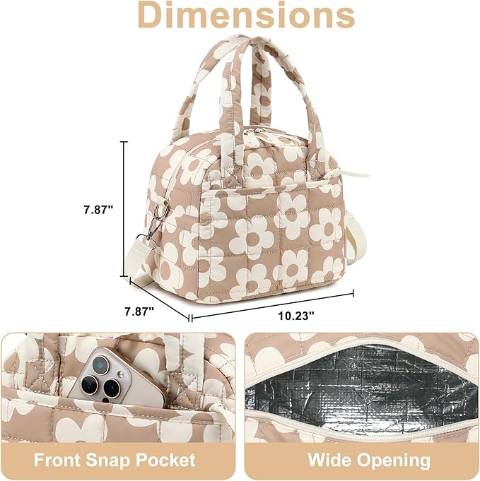 LEDAOU Lunch Box for Women Lunch bag Quilted Puffer Insulated Lunch Box with Adjustable Strap Reusable LunchBox for Work School Picnic Travel (Big Flower Brown)