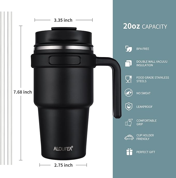 ALOUFEA 20 oz Insulated Coffee Mug Tumbler with Handle, Stainless Steel Travel Mug Tumbler with Lid and Straw,Double Wall Vacuum Leak Proof Ice Coffee Thermal Cup, Sky Blue