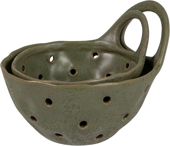 Creative Co-Op Set of 2 Green Reactive Glaze Stoneware Colanders