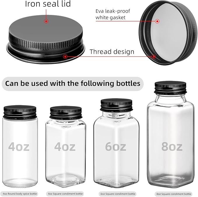 48 Pcs iron Jar Lids Lids for 4 oz and 6 oz Square Spice Jars Reusable Can Airtight Spice Storage Canning Lids for Nice Sealing Kitchen (Black)