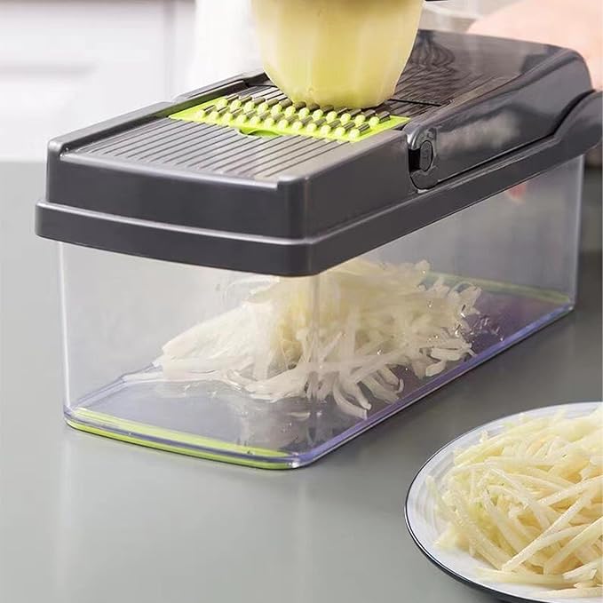 HHTAOR 16-in-1 Multifunctional Vegetable Chopper, Professional Food Veggie Chopper with 6 Blades & Container, Mandoline Slicer Onion Dicer Potato Tomato Cutter, Kitchen Gadgets Essentials (Grey)