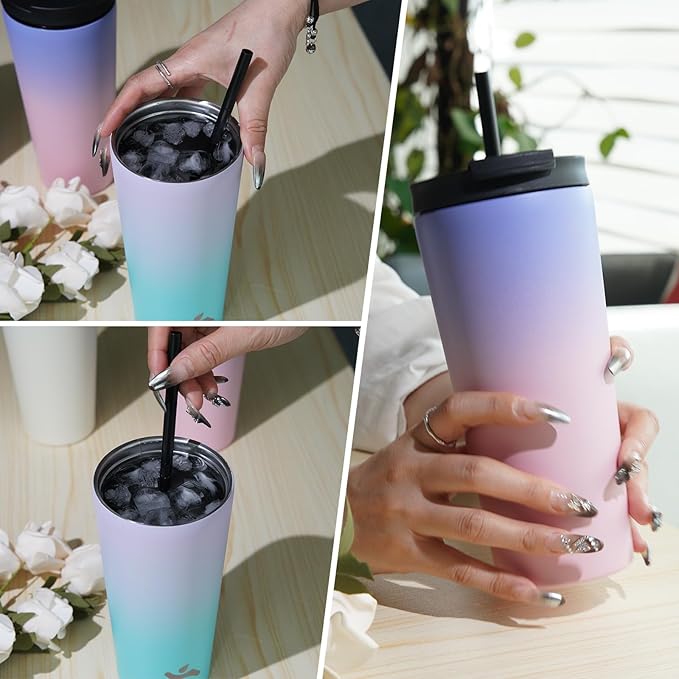 34 OZ Insulated Tumbler with Lid and 2 Straws Stainless Steel Water Bottle Vacuum Travel Mug Coffee Cup,ArmyGreen
