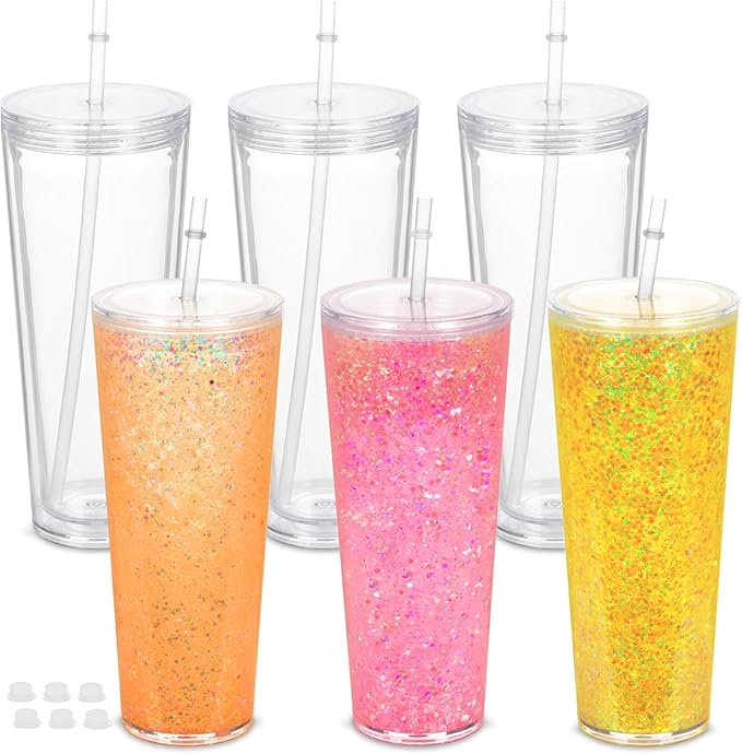 6 Pack 24Oz Snow Globe Tumblers, Double Wall Acrylic Snowglobe Cup with Pre Drilled Hole, Lids, Straws and Plug, Reusable Clear Plastic Tumbler for Snow Globe Glitter DIY