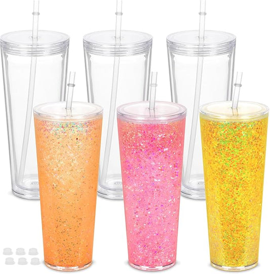 6 Pack 24Oz Snow Globe Tumblers, Double Wall Acrylic Snowglobe Cup with Pre Drilled Hole, Lids, Straws and Plug, Reusable Clear Plastic Tumbler for Snow Globe Glitter DIY