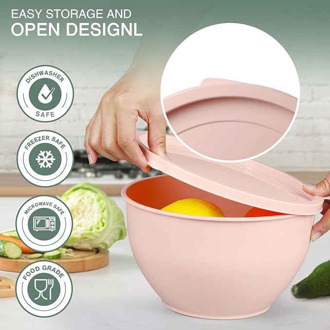Plastic Mixing Bowls with Lids Set for Kitchen, Nesting Bowls for Mixing, Baking, Prepping, Cooking and Serving Food, Mixing Bowls Dishwasher, Microwave Safe(Pink)