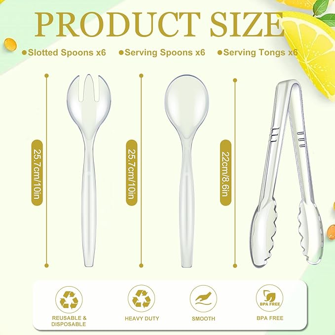 Mwellewm 18Pcs Serving Utensils, 10'' Plastic Serving Utensils Set, Large Disposable Serving Spoons for Buffet, Tongs for Serving Food, Party Supplies for Salad Soup Noodles Dinner Catering(Clear)
