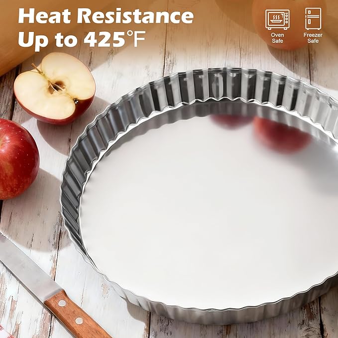 E-far 9.5 Inch Pie Pans, Stainless Steel Pie Baking Dish Tart Quiche Pan for Oven Baking, 2-Piece Round Pie Plate Tins with Fluted Edge & Seamless Bottom, No Leakage and Dishwasher Safe, Mirror Silver