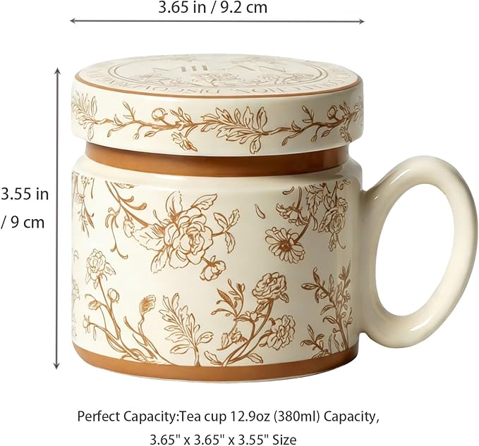 12.9oz Ceramic Coffee Mug with Lid,Flower Patterned Porcelain Mug,Ceramic Tea Cup Coffee Latte Mug for Office and Home,Brown,1 Piece