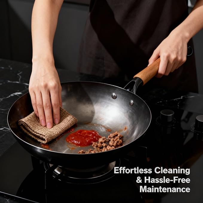 12" Pre-Seasoned Round Bottom Carbon Steel Wok with Lid - Hand-Forged Commercial Grade Chinese Wok for Open-Flame Gas Stovetops - Fast Even Heating, Ready-to-Use Toxin-Free Cooking, Easy Maintenance