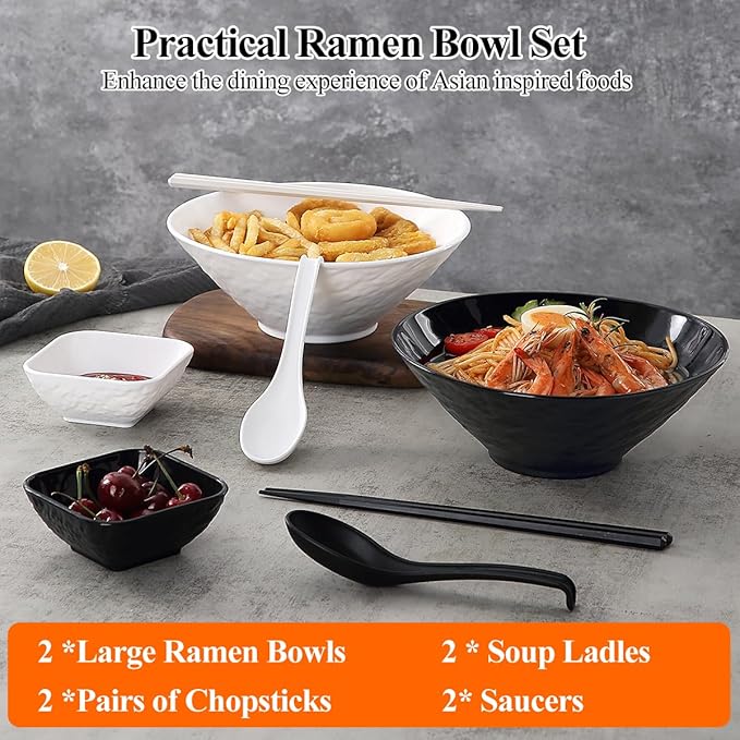 Kyraton Ramen Bowl Set 40oz with Chopsticks Dipping Bowls and Spoons: 2 large Unbreakable Japanese Style Plastic Noodle Soup Bowls for Asian Pho Soup Thai Miso Udon Wonton (Black, White)