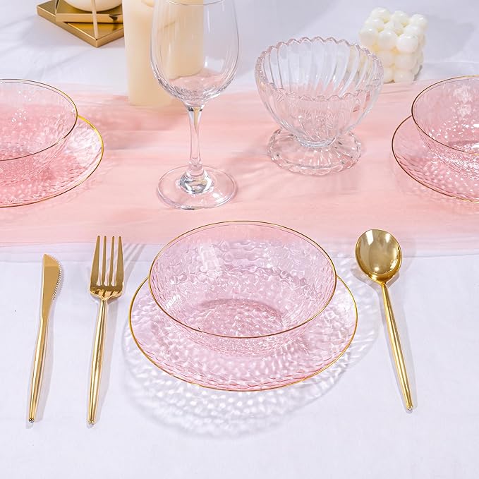 I00000 20 Pack 12 Ounce Pink Plastic Bowls Hammered Gold Rimmed Crystal Like, Heavy duty Disposable Bowl Set,Elegant Soup/Salad/Dessert/Ice Cream Small Bowls for Party Weddings