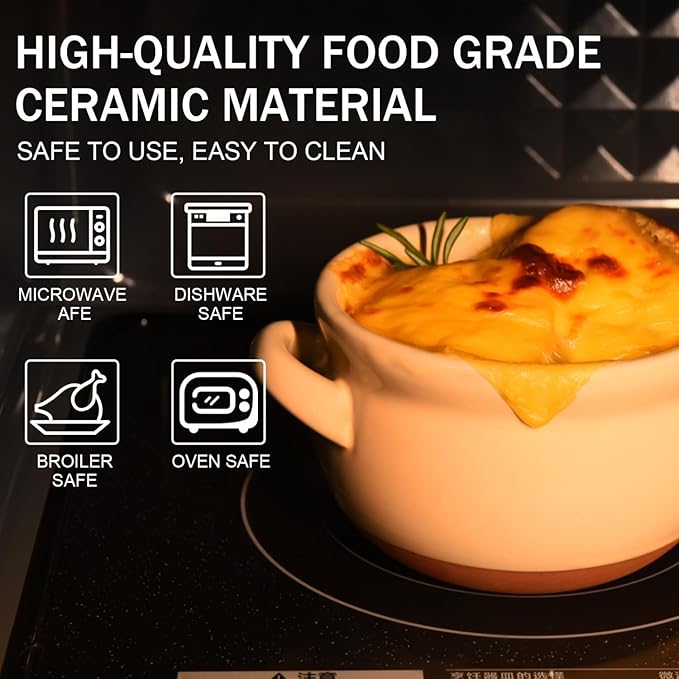 French Onion Soup Bowls, 16 oz French Onion Soup Crocks with Handles for Chilli, Cereal, Cereal, Pot Pies, Oven, Broil & Dishwasher Safe, Multicolor, Set of 4