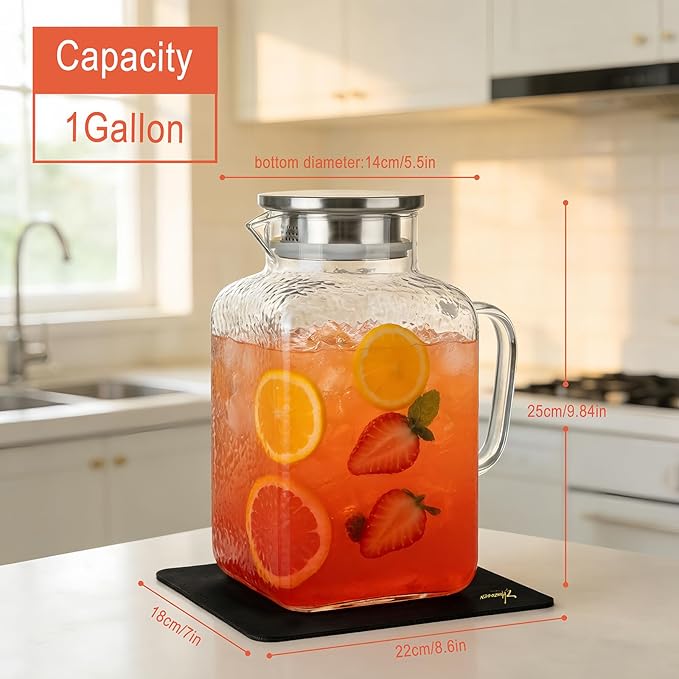 1 Gallon Glass Pitcher with Lid, Glass Water Pitcher with Handle for Fridge, Iced Tea Pitcher, Cold/Hot water jug,Large Jug for Coffee, Juice and Homemade Beverage（Free anti-scratch pad）