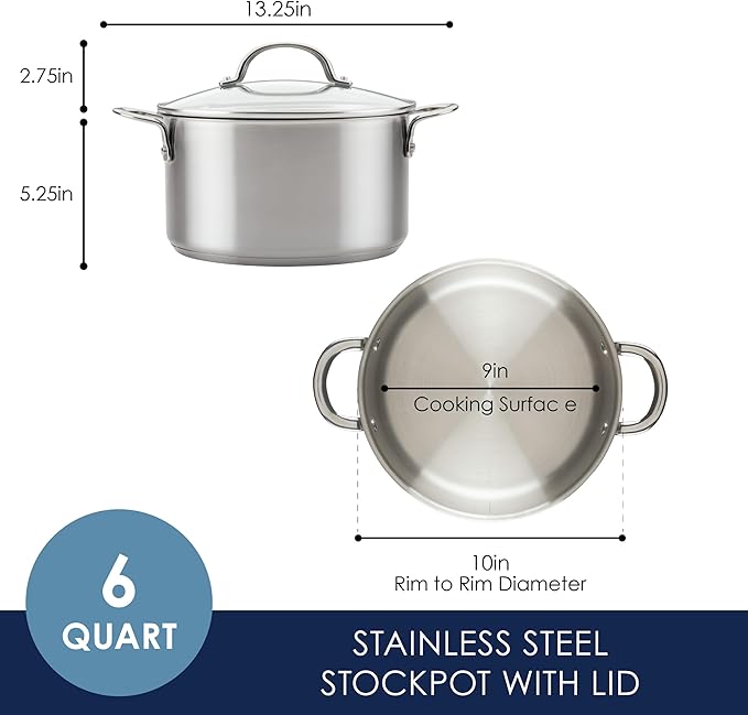 Rachael Ray Professional Stainless Steel Stockpot with Lid, Compatible with All Cooktops, Induction Ready, Dishwasher Safe, 6 Quart Stock Pot - Stainless Steel