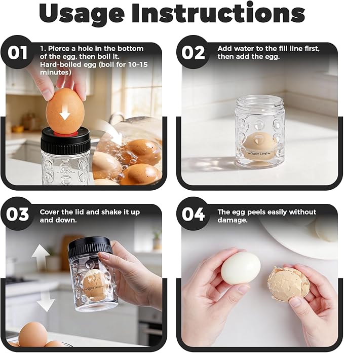 2 in 1 Egg Peeler with Piercer, Hard Boiled Egg Shell Remover Tool with Rotary Lock & Leak-Proof Design, Clear Egg Peeler for Meal Prep, Fitness, Camping & Deviled Eggs, Easy to Use & Clean (Black)