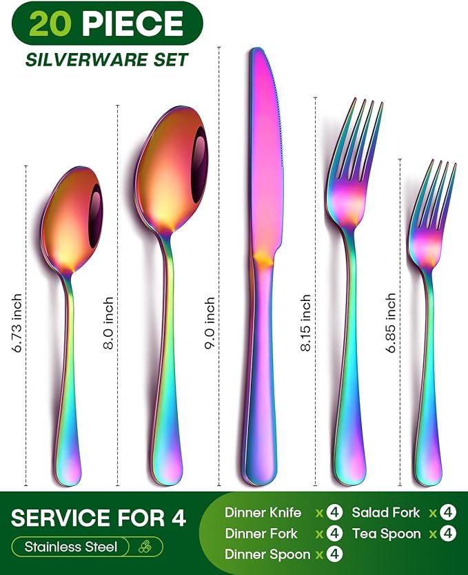 20 Piece Rainbow Silverware Set, Stainless Steel Flatware Set for 4 Colorful Cutlery Utensil Set Include Knife Fork Spoon Food Grade Mirror Polished Dishwasher Safe