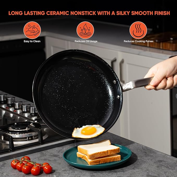 10 Inch Ceramic Non Stick Frying Pans - 5 Ply Stainless Clad Nonstick Skillet, Toxic, PTFE & PFOA FREE, Professional Cookware for Induction, All Stoves and Oven up to 650°F