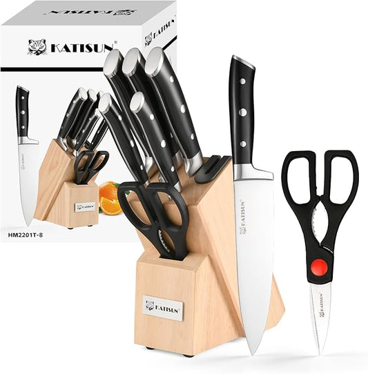 8 Piece German Stainless Steel Knife Set With Block, Ergonomic Handle Chef Knives, Sharpener and Shears for Chopping, Slicing and Cutting