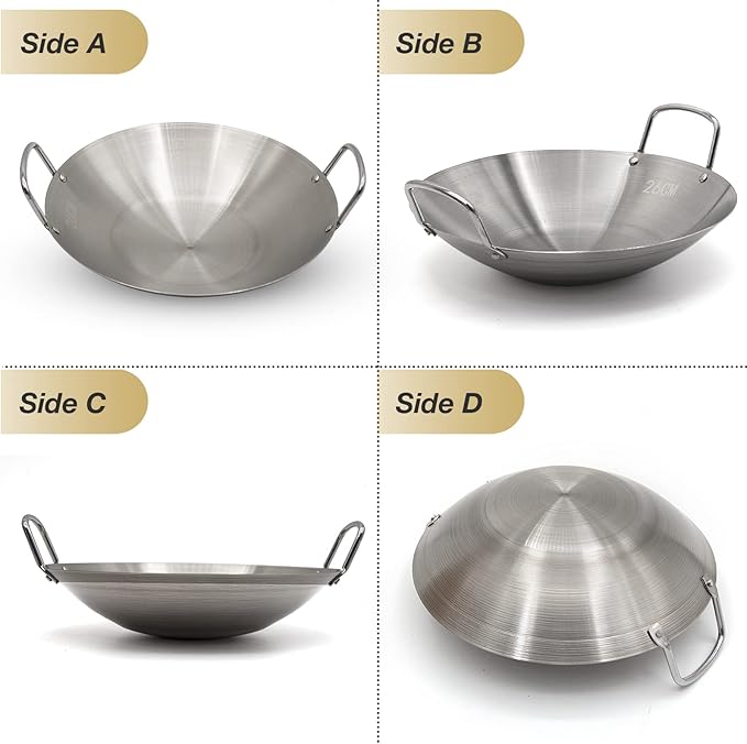 Stainless Steel Wok 10 Inch/ 26cm, Round Bottom Dual- Handled Heavy Wok, Traditional Canton Style Frying Pan Multi- Cooking Wok Stir Fry Pan for Kitchen Restaurant Home (Small)