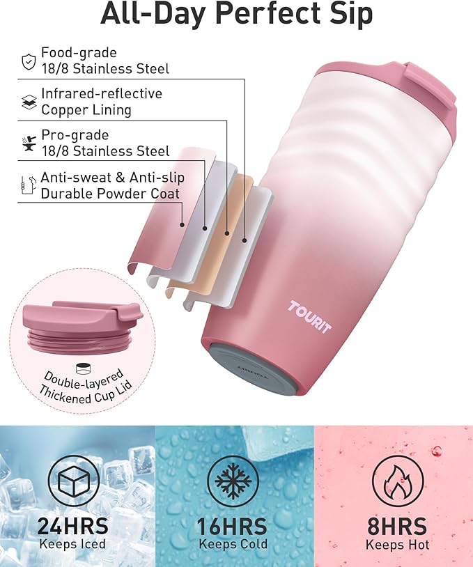 TOURIT 16 oz Travel Coffee Mug, Insulated Stainless Steel Travel Mug with Lid, Leak-Proof Double-Wall Vacuum Tumbler, Reusable Coffee Cup - Pink