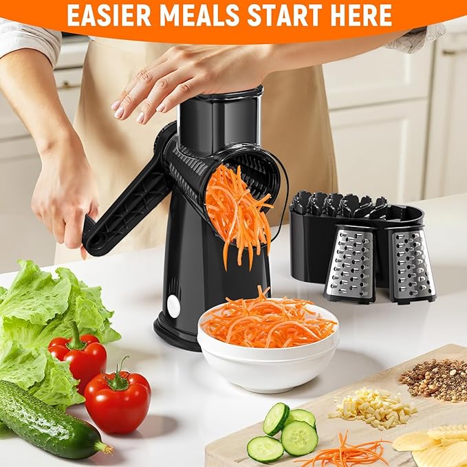 Rotary Cheese Grater Hand Crank, with 5 Blades for Chopper Shredder Spiralizer Slicer for Vegetable Cheese Fruit, Food Chopper for Kitchen with Blades Storage Box & Suction Base (Black)