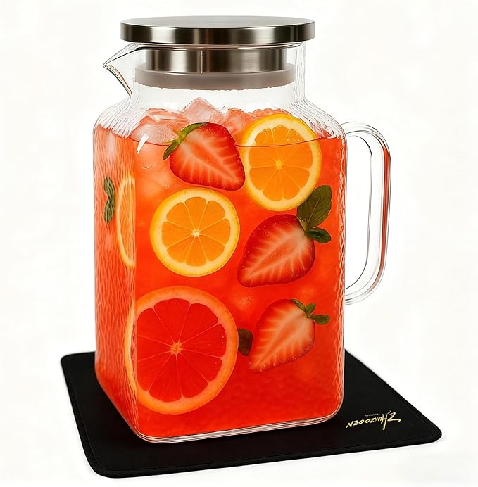 1 Gallon Glass Pitcher with Lid, Glass Water Pitcher with Handle for Fridge, Iced Tea Pitcher, Cold/Hot water jug,Large Jug for Coffee, Juice and Homemade Beverage（Free anti-scratch pad）