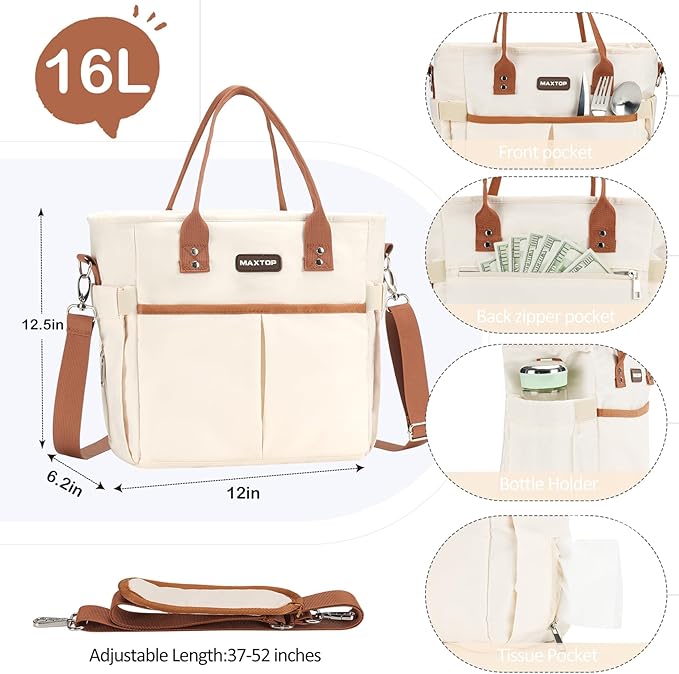 MAXTOP Lunch Bag Women for Work Insulated Thermal Lunch Box with Wide-Open Pocket Reusable Leakproof Cooler Bags with Removable Shoulder Strap for Teacher Nurse Office Picnic Travel XL-Brown