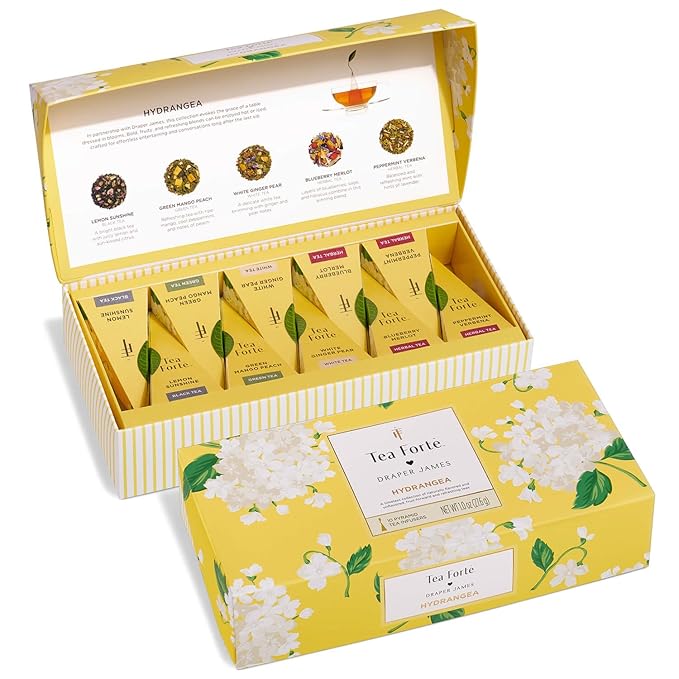 Tea Forte Easter Gifts for Adults - Premium Petite Presentation Box Gift Set Sampler, 10 Count, 2 of Each Blend Individually Wrapped Handcrafted Pyramid Infuser Bags, Hydrangea