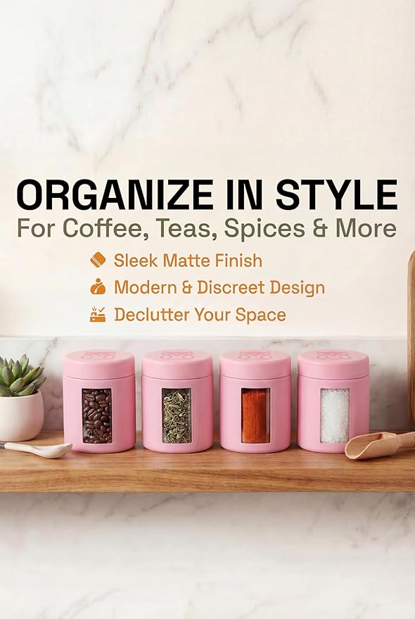 Treehouse Smell Proof Containers (120mL), Jars with Airtight Lids for Herbs, Spices, Coffee and Tea, Air Tight Glass Storage Jars with UV Protection Glass, (Set of 4) (Matte Pink)