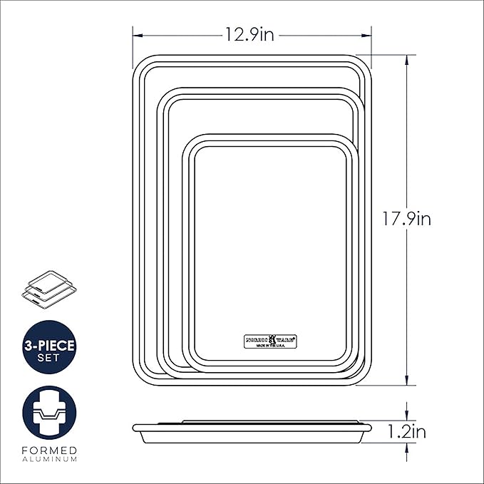 Nordic Ware Naturals 3-Piece Baking Sheet Pan Set, USA Made Aluminum Pans for Baking, Roasting, Cookies, Sheet Cakes, Half Jelly Roll & Quarter Sheet, Warp-Resistant (Pack of 3)