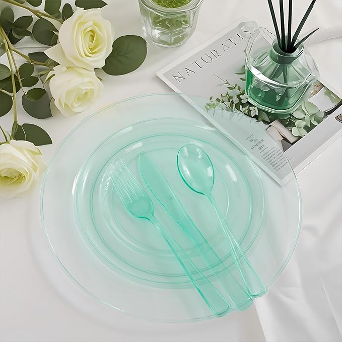 WDF 180 Pieces Green Plastic Silverware Disposable - Clear Green Cutlery Sets 60 Forks, 60 Knives and 60 Spoons - Heavy Duty Plastic Utensils for Party, Summer