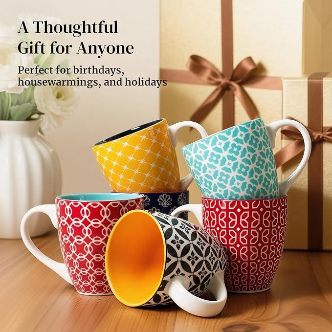DOWAN Coffee Mugs Set of 6, 10 oz Porcelain Mugs, Cappuccino Cups, Ceramic Tea Cups with Handle for Men Women, Mug Gift Set, Housewarming Wedding Gift