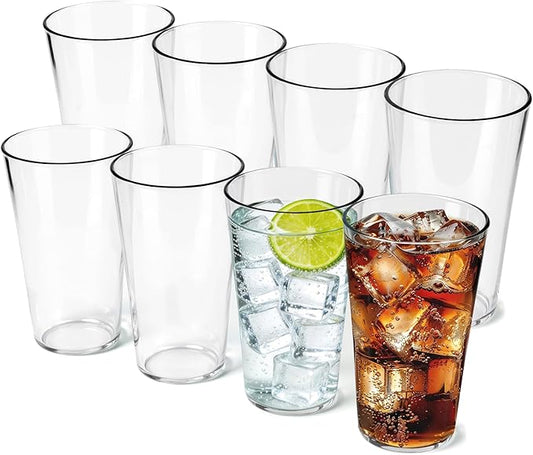 20oz Unbreakable Drinking Glasses (Set of 8), All-Clear Reusable Drinking Cups, BPA-Free, Shatter-Proof, Dishwasher & Microwave Safe, Stackable Plastic Tumblers for Home, Outdoor, Camping, Pool