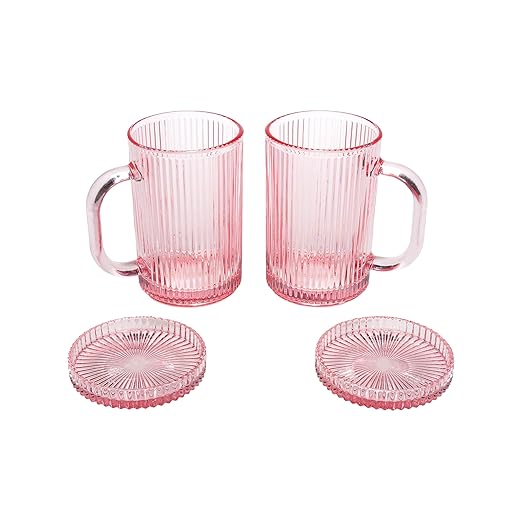 Paris Hilton Ribbed Glass Mug Set with Dual Use Lid/Coaster, Elegant Fluted Glassware, Perfect for Coffee, Tea or any beverage, Set of 2, 13.5-Ounce, Pink