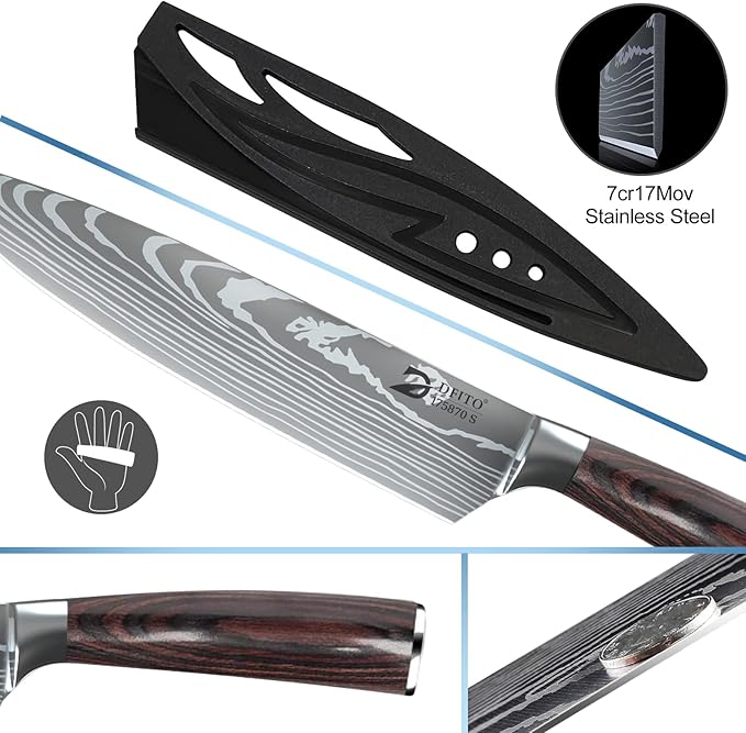 Dfito Chef Knife Sets with Roll Bag, 9 Pieces Professional Knife Set, High Carbon Stainless Steel Kitchen Chef Knife Set, Red Pakkawood Handle, Dishwasher Safe