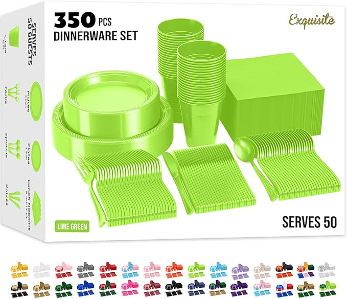 350 Pcs Lime Green Plastic Plates For Party, Lime Green Disposable Plates Set, 50 Of Each 9" Dinner Plate Set, 7" Dessert Plate, Cups, Napkins & Cutlery Plastic Dinnerware Set Exquisite