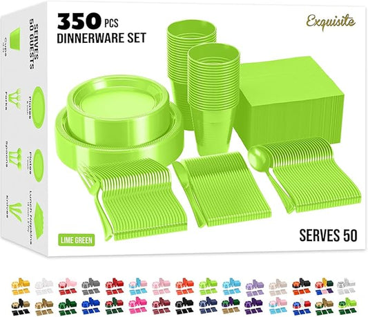 350 Pcs Lime Green Plastic Plates For Party, Lime Green Disposable Plates Set, 50 Of Each 9" Dinner Plate Set, 7" Dessert Plate, Cups, Napkins & Cutlery Plastic Dinnerware Set Exquisite