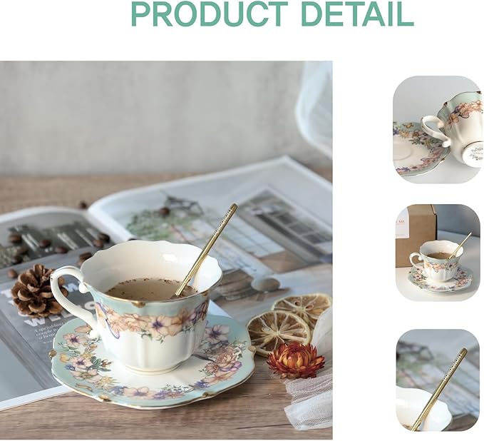 Vintage Floral Porcelain Tea Cup and Saucer Set with Spoon, Gold Trim, 6.4 oz – Set of 1, Teal – Tea & Espresso & Coffee Cups (1, Teal)