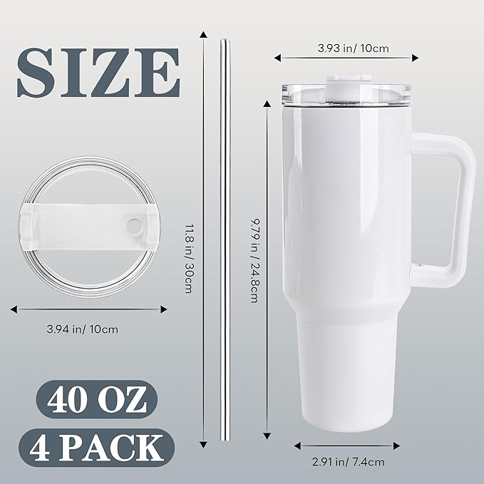 D·S 4 Pack 40 oz Sublimation Tumbler with Handle Insulated Large Sublimation Tumblers Bulk with Lids and Straws Stainless Steel Coffee Mugs for DIY Craft Heat Press Print