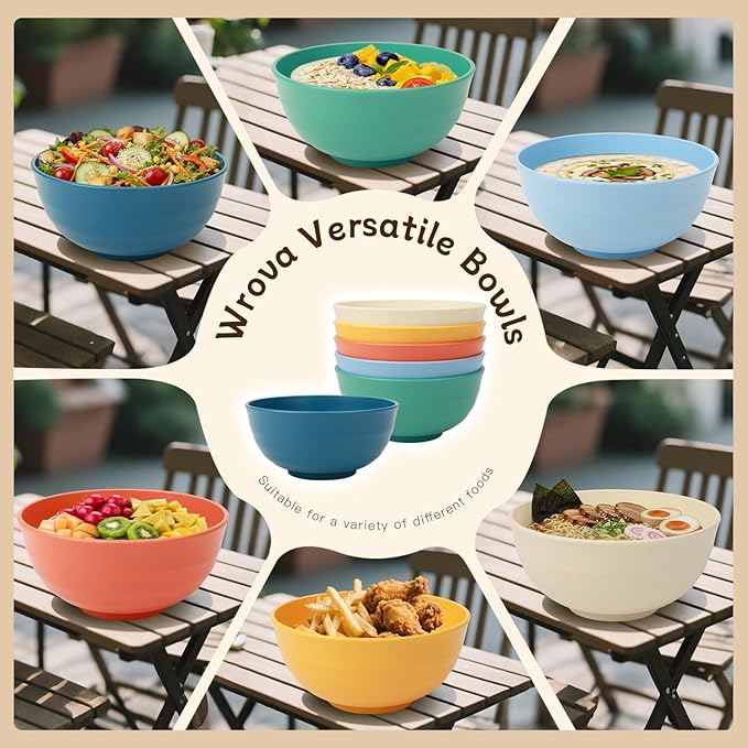 Wrova Large Cereal Bowls Set of 6, Unbreakable Wheat Straw Bowls 60oz, Microwavable Bowls for Popcorn,Soup,Dinner, Reusable Plastic Big Bowls for Picnic,Kitchen- Vibrant Series