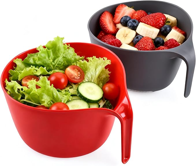 2 Pcs Plastic Mixing Bowls with Colander, 5qt - Nesting Bowls for Kitchen Cooking and Baking Supplies, Red & Gray (Red)