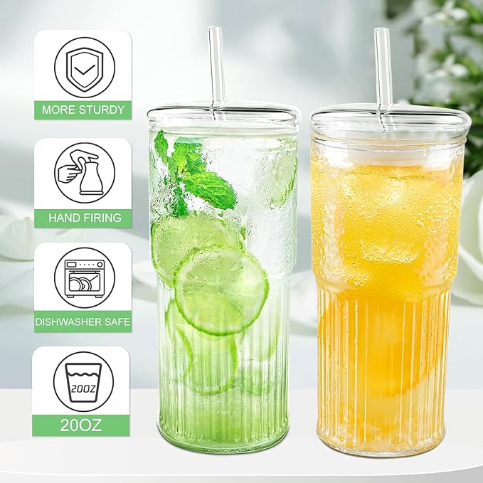 Glass Cups with Lids and Glass Straws, High Borosilicate 20OZ Tumblers (2Pcs) for Coffee, Tea, Juice, Smoothies, Hot/Cold Drinks at Home, Office（Creative Drink Label Design）