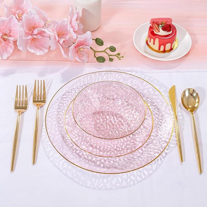 I00000 20 Pack 12 Ounce Pink Plastic Bowls Hammered Gold Rimmed Crystal Like, Heavy duty Disposable Bowl Set,Elegant Soup/Salad/Dessert/Ice Cream Small Bowls for Party Weddings