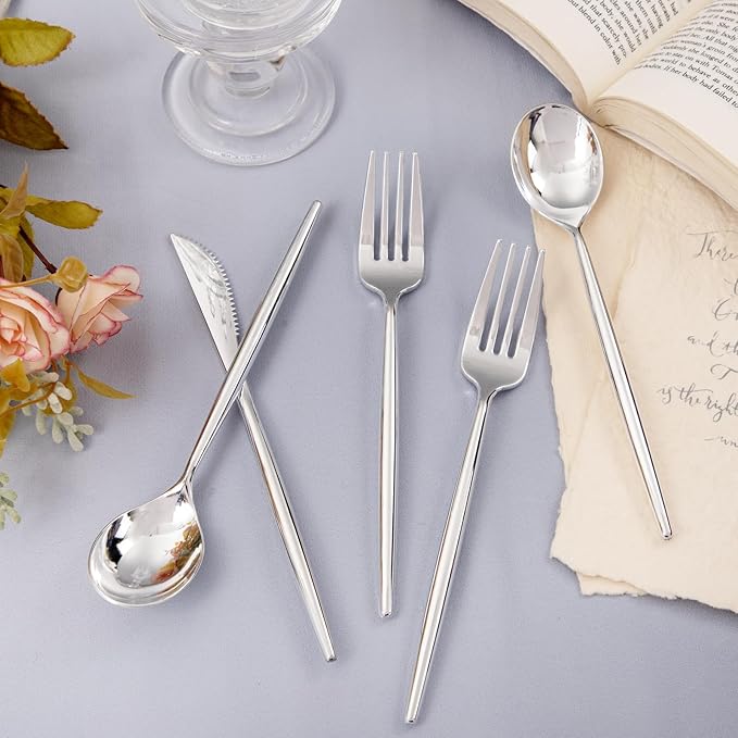 U-QE 120Pcs Silver Plastic Silverware, Luxury Plastic Cutlery, Heavy Weight Flatware, Silver Disposable Utensils Set Include 60 Forks, 30 Spoons, 30 Knives for Party