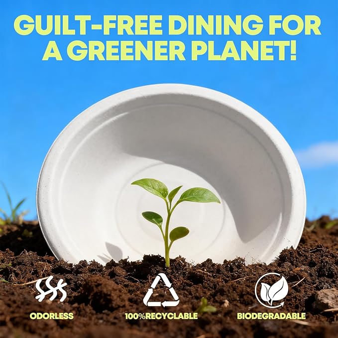 W&Y 12 oz Paper Bowls, 100-Count Disposable Compostable Bowls, Microwave Safe & Heavy Duty, Biodegradable Sugarcane Fiber Bowl for Hot Soup, Salad, Snacks, and Party Use