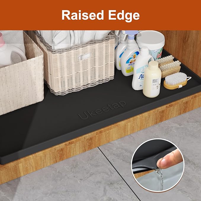 Extra Thick Silicone Mat Waterproof with Raised Edge 22" x 19", Under Sink Mat for Kitchen & Bathroom, Kitchen Cabinet Liner, Multi-Purpose for Storage & Protection, Black